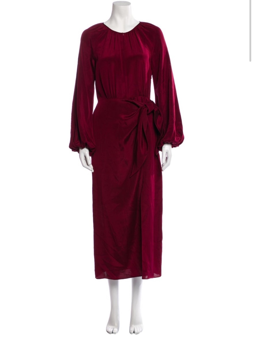 La Ligne Wine-Red Long Sleeve Tie-Waist Midi Dress